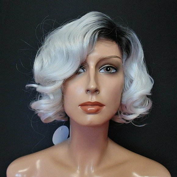 New Short Black & White Ombre Curly Wig main image 6